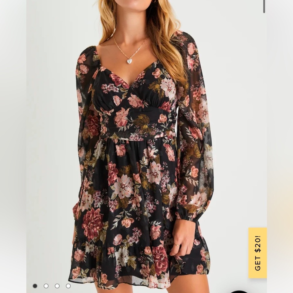 Lulus Black Floral Balloon Sleeve Dress Size XL